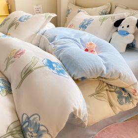 Winter Thickening Milk Fiber Bed Four-piece Coral Velvet Quilt Cover Flange Double-sided Bed Sheet Three-piece Bedding (Option: Blue Flower Sea-90)