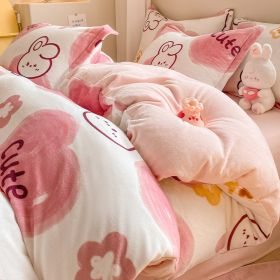 Winter Thickening Milk Fiber Bed Four-piece Coral Velvet Quilt Cover Flange Double-sided Bed Sheet Three-piece Bedding (Option: Love Pink Rabbit-120)