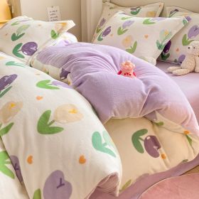 Winter Thickening Milk Fiber Bed Four-piece Coral Velvet Quilt Cover Flange Double-sided Bed Sheet Three-piece Bedding (Option: Purple Tulip-120)