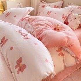 Winter Thickening Milk Fiber Bed Four-piece Coral Velvet Quilt Cover Flange Double-sided Bed Sheet Three-piece Bedding (Option: Lucky Bow-150)