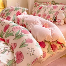 Winter Thickening Milk Fiber Bed Four-piece Coral Velvet Quilt Cover Flange Double-sided Bed Sheet Three-piece Bedding (Option: Jardin Monet-150)