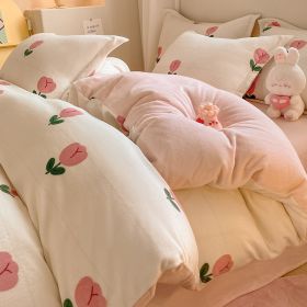 Winter Thickening Milk Fiber Bed Four-piece Coral Velvet Quilt Cover Flange Double-sided Bed Sheet Three-piece Bedding (Option: Pink Tulip-150)